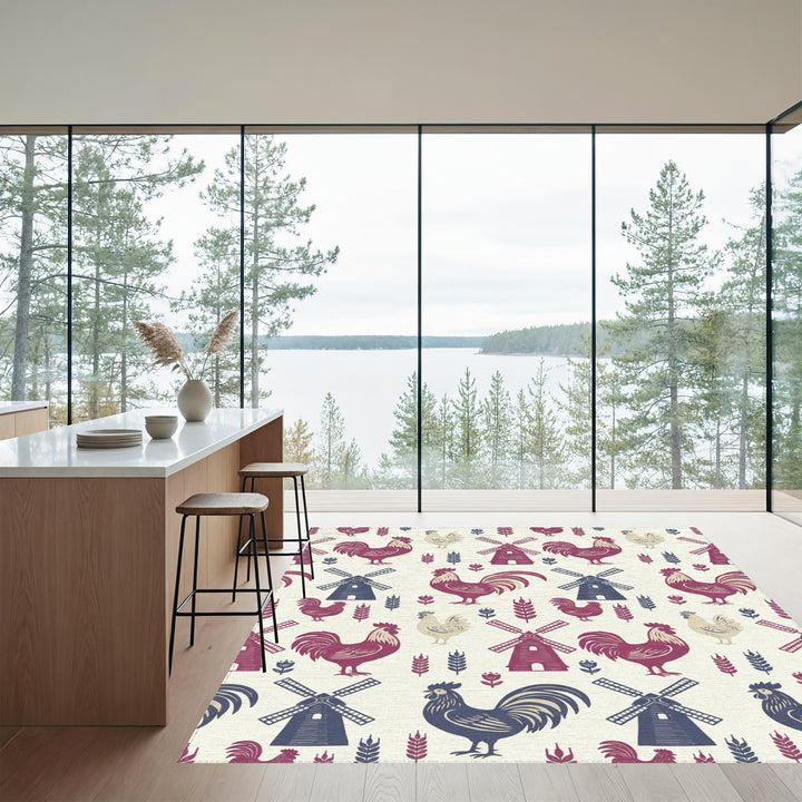 Charming Roooster Windmill Wheat Floral Arrangement Rug