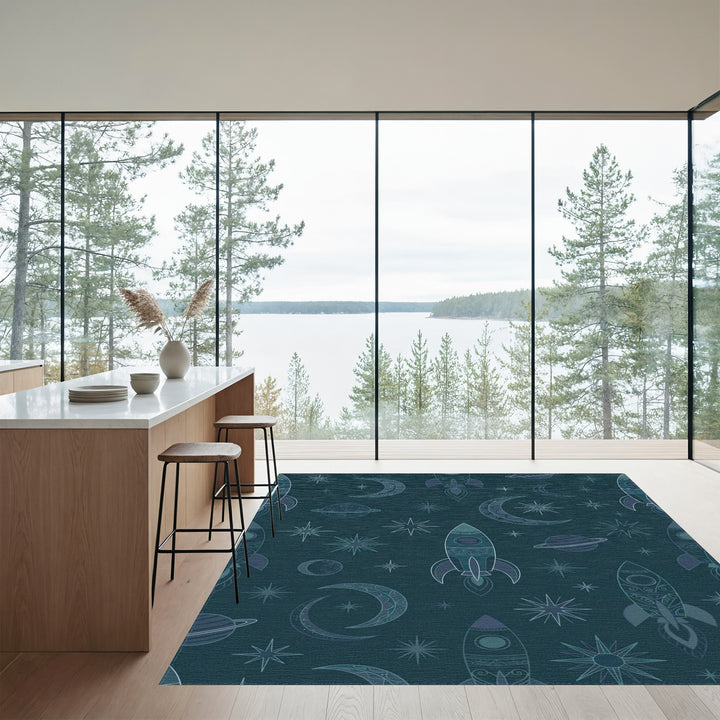 Teal Rocket Moon Starfield Theme Rug
