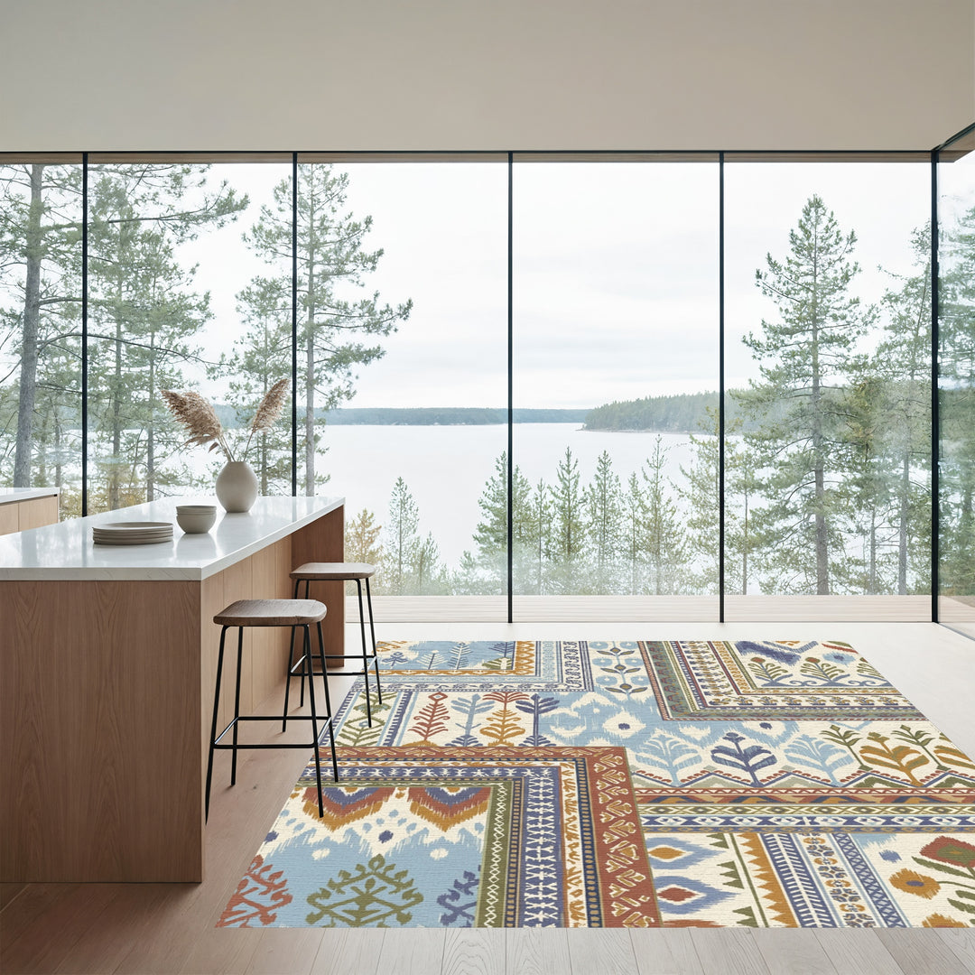 Patchwork Blue and Ochre Ikat Floral Rug