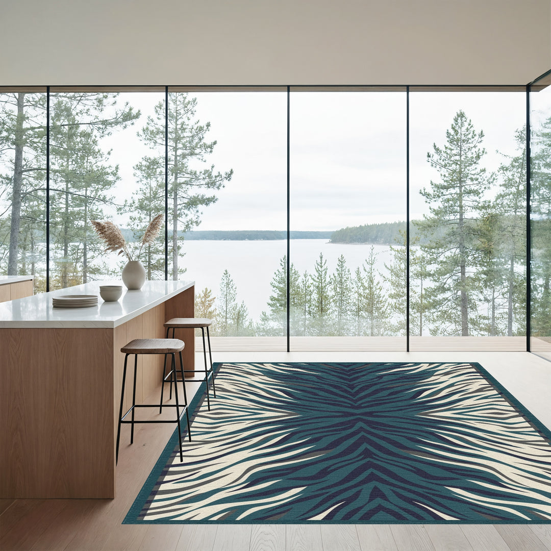 Deep Teal Zebra Stripe Symmetry Rug