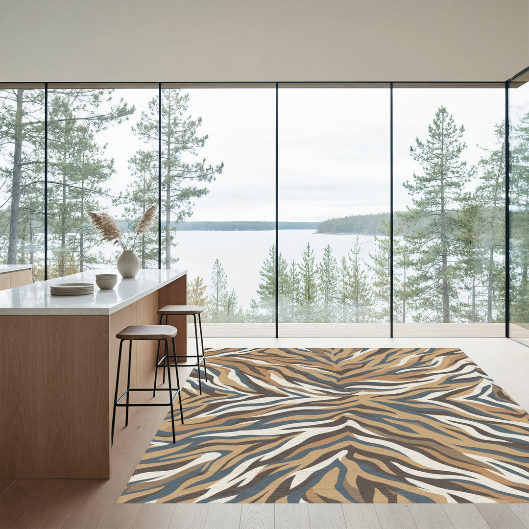 Earthy Brown Blue Zebra Stripe Rug