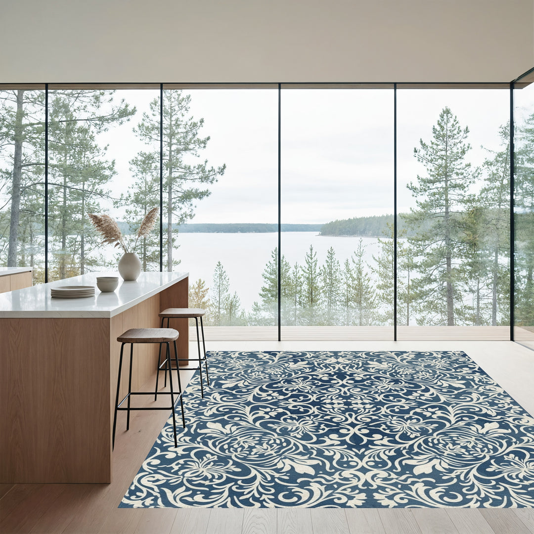 Navy Cream Floral Scroll Rug