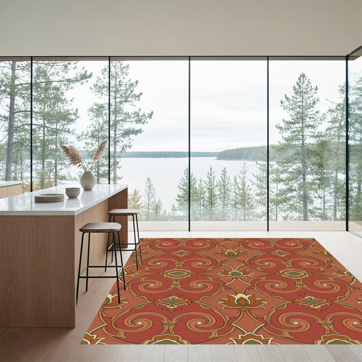Terracotta Lotus Swirl Intricate Floral Rug