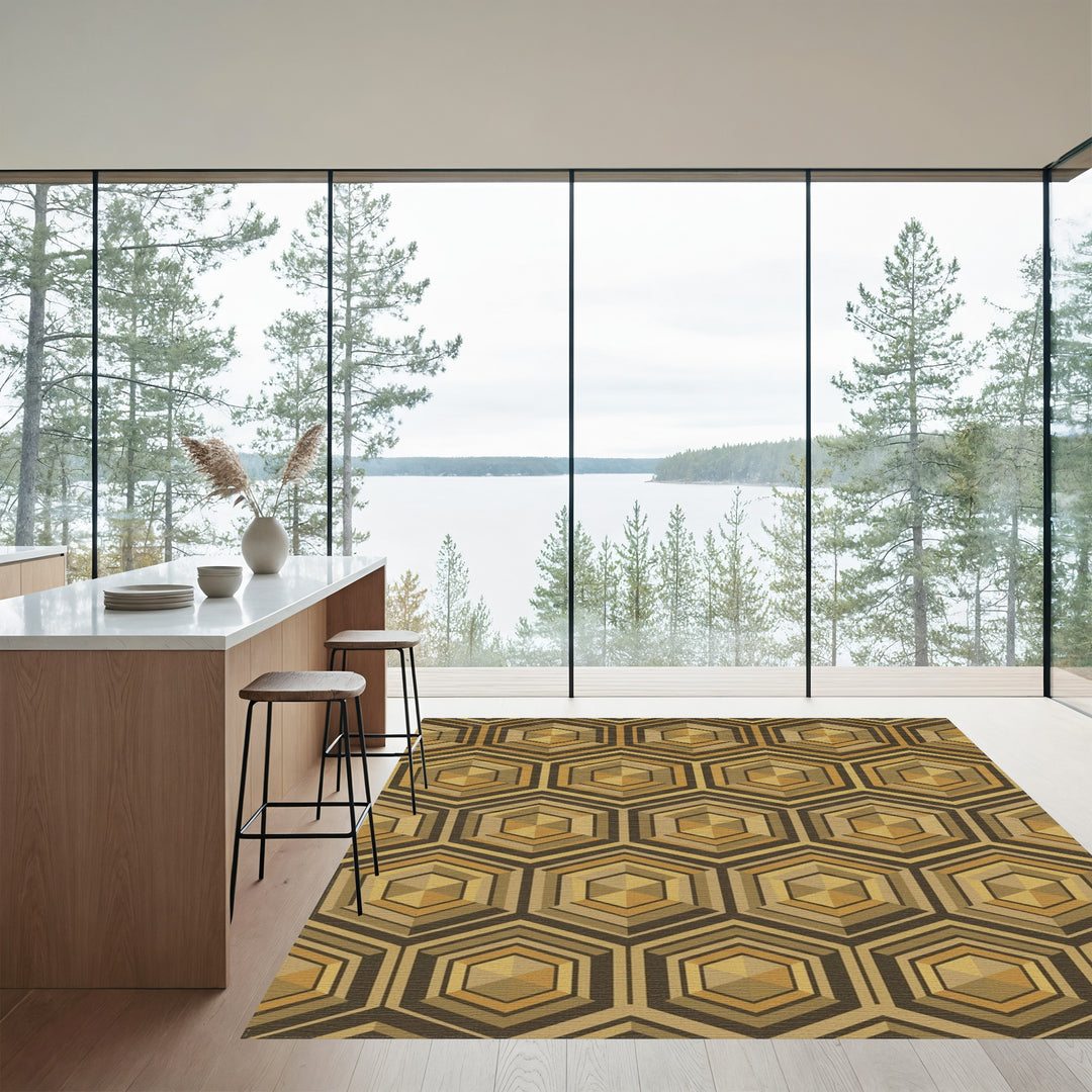 Brown Gold Hexagon Geometric Art Rug