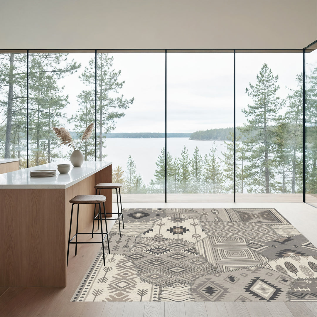 Neutral Patchwork Geometric Diamond Feather Rug