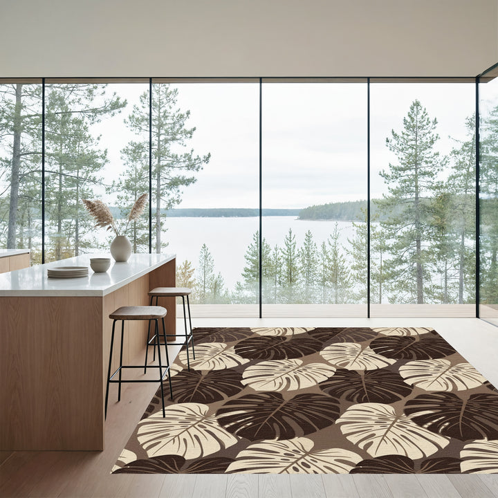 Brown White Leafy Foliage Repeat Rug