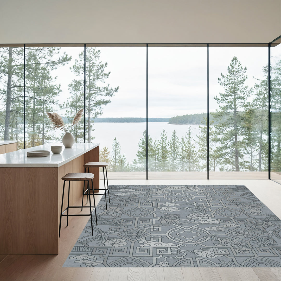 Monochromatic Gray Imperial Foo Dog Clouds Rug