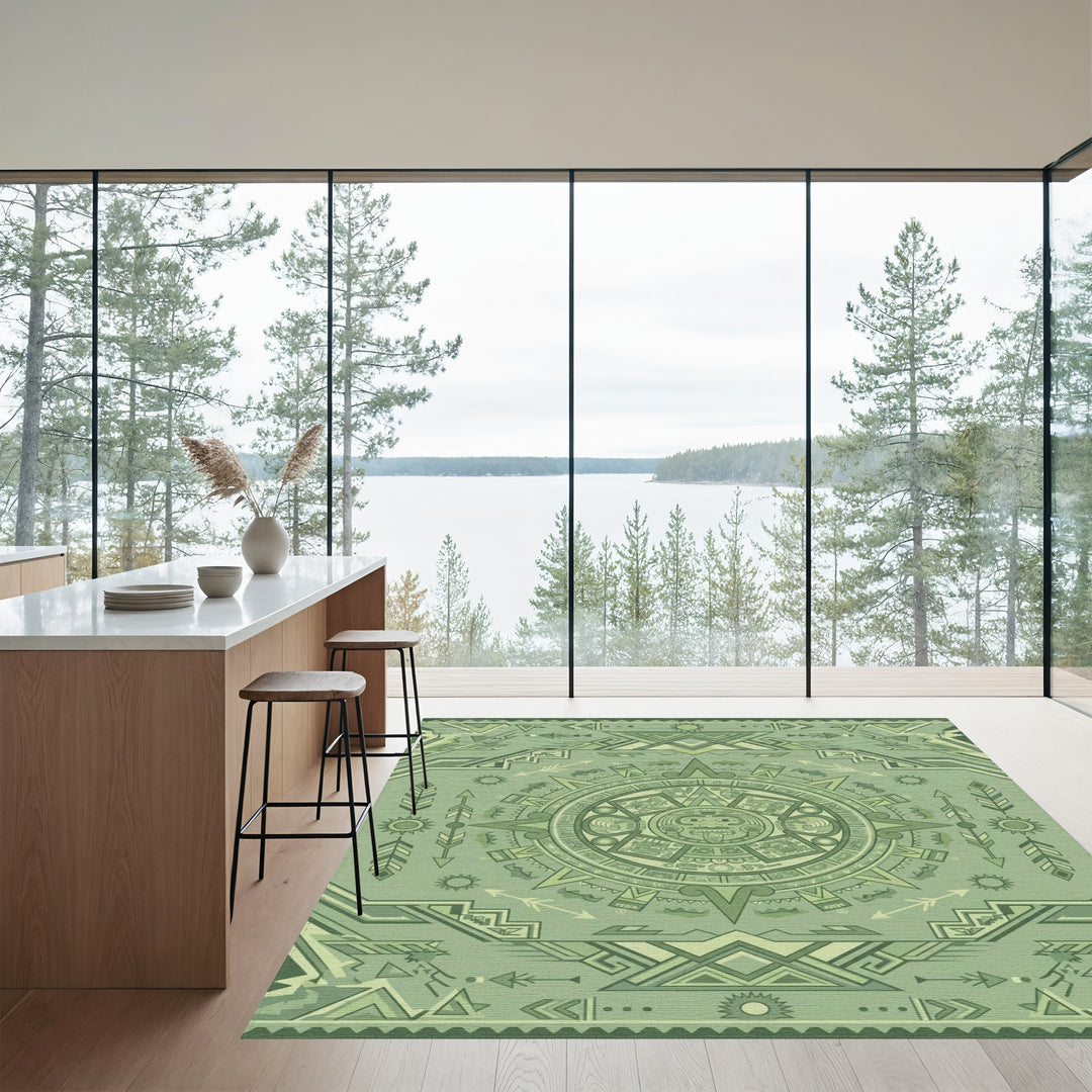 Green Aztec Sun Stone Geometric Rug