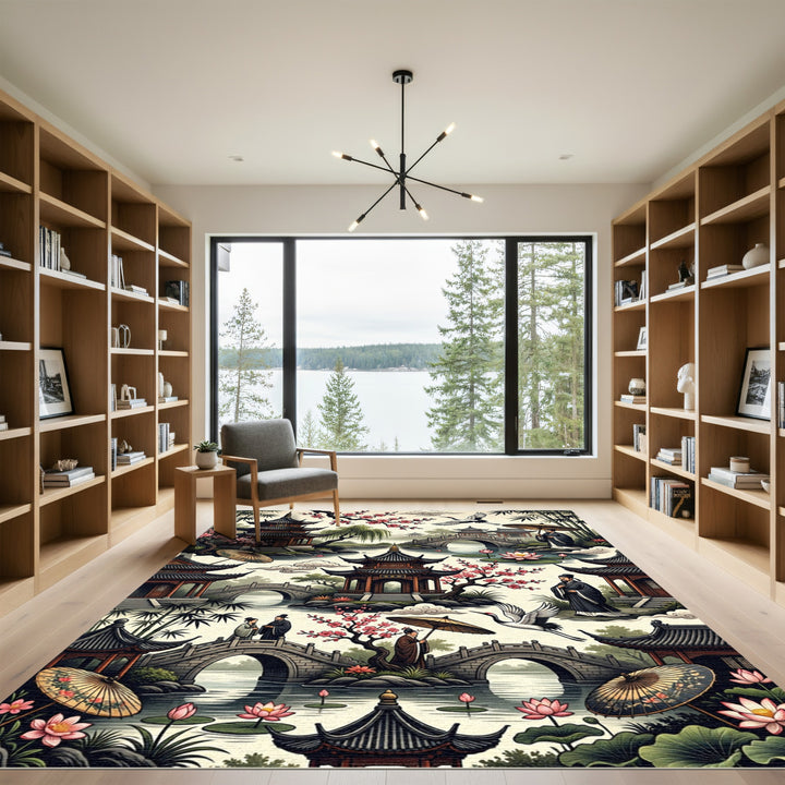 Serene Pagoda Garden Crane Blossom Rug