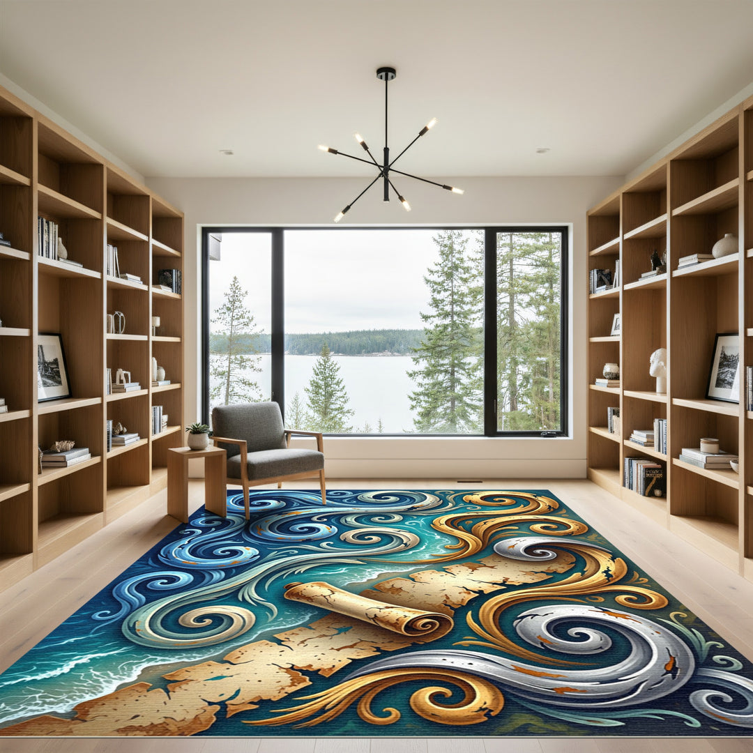Oceanic Golden Scroll Wave Rug
