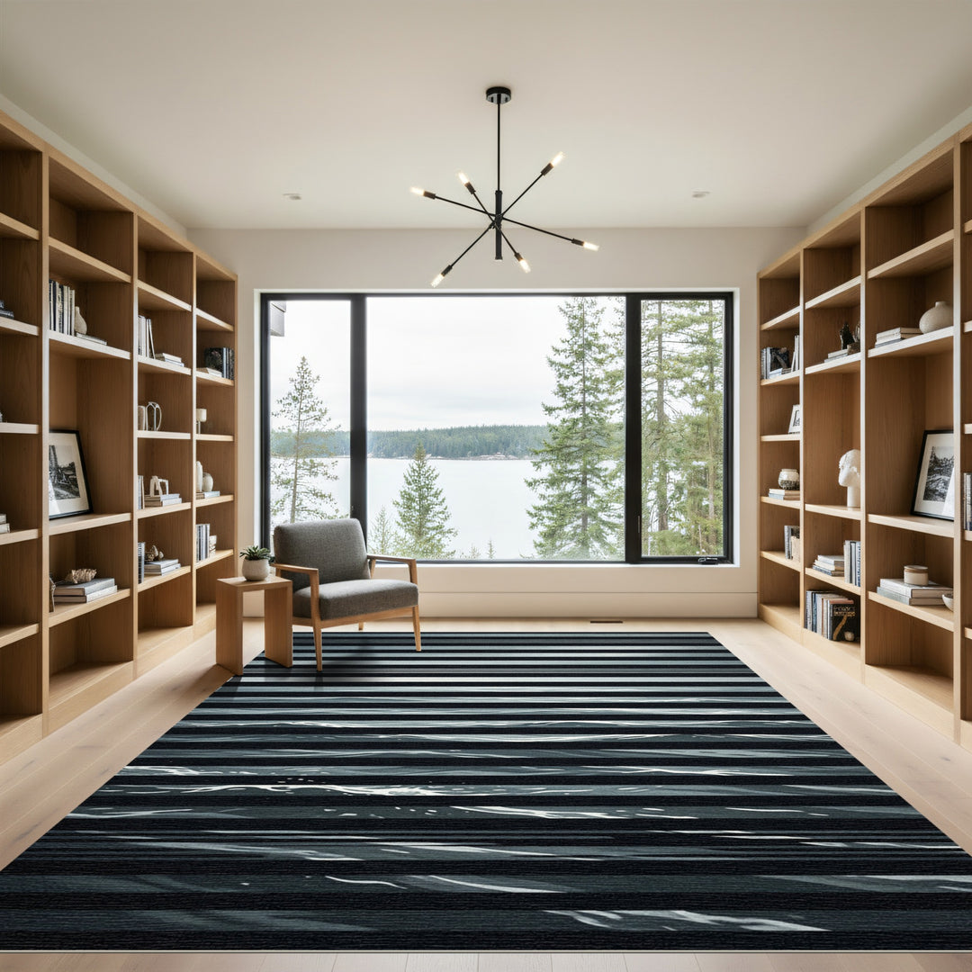 Black White Horizontal Waves Rug