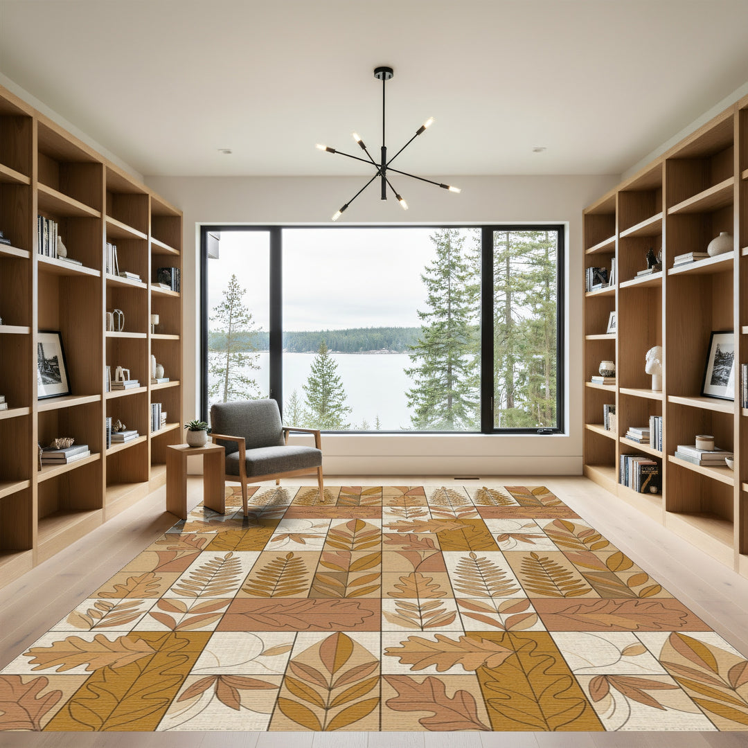 Earthy Autumn Leaf Block Print Rug
