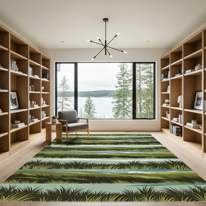 Serene Green Riverside Landscape Rug