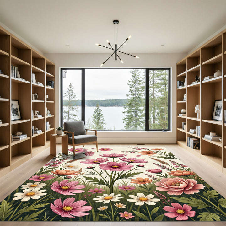 Pink and Peach Cosmos Floral Garden Rug