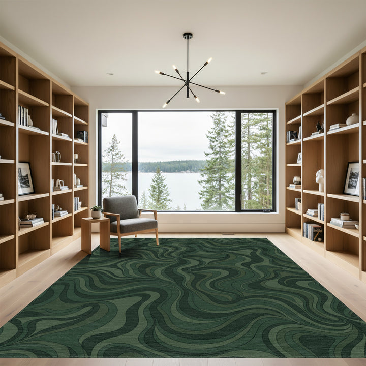 Olive Green Swirling Amorphous Flow Rug