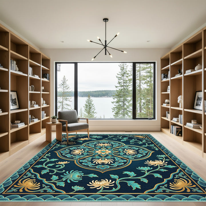 Deep Blue Golden Chrysanthemum Floral Swirl Rug