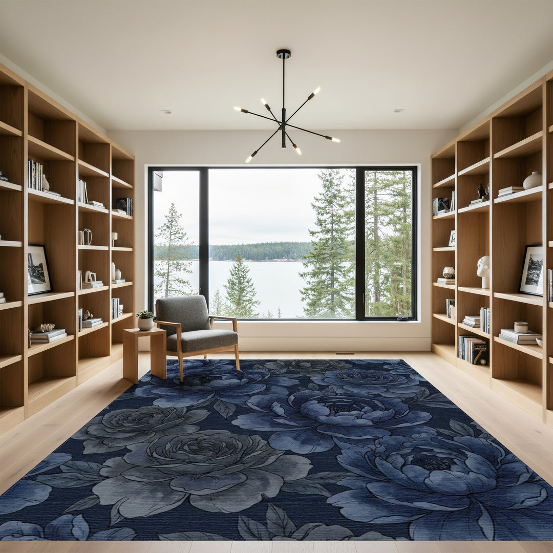 Deep Blue Floral Watercolor Garden Rug