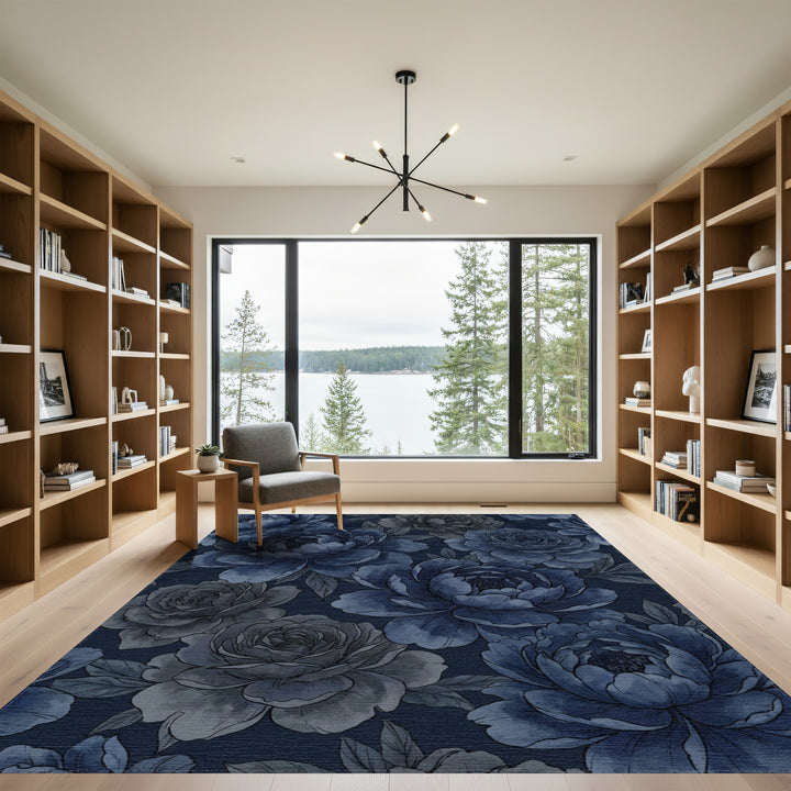 Deep Blue Floral Watercolor Garden Rug