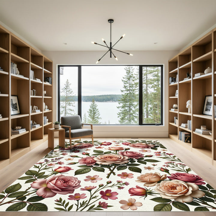 Romantic Pink Rose Floral Garden Rug