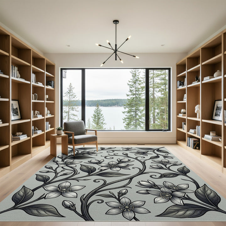 Elegant Silver Floral Vine Rug