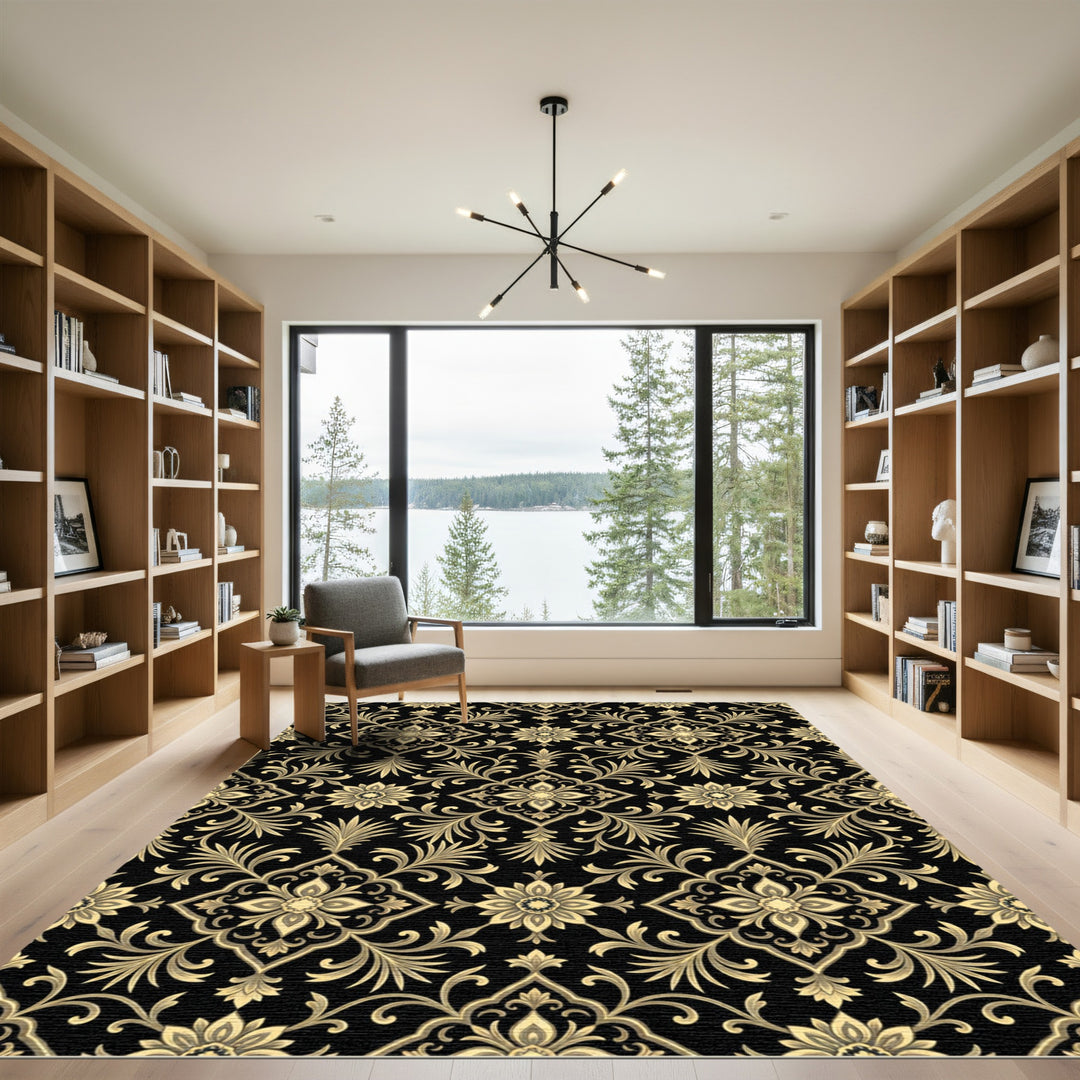 Ornate Black Gold Floral Damask Rug