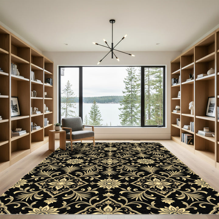 Ornate Black Gold Floral Damask Rug