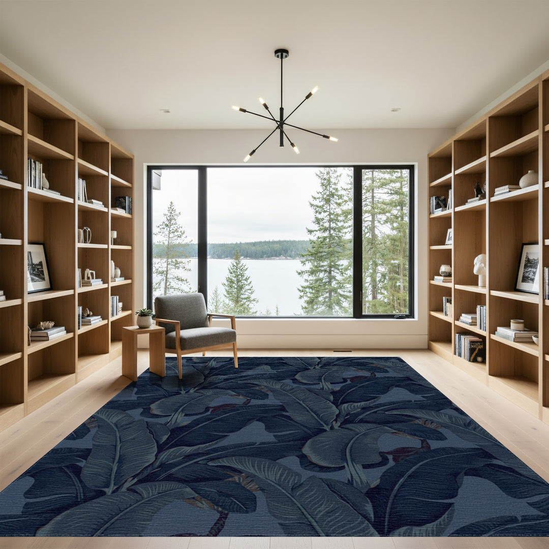 Midnight Blue Tropical Banana Leaf Rug