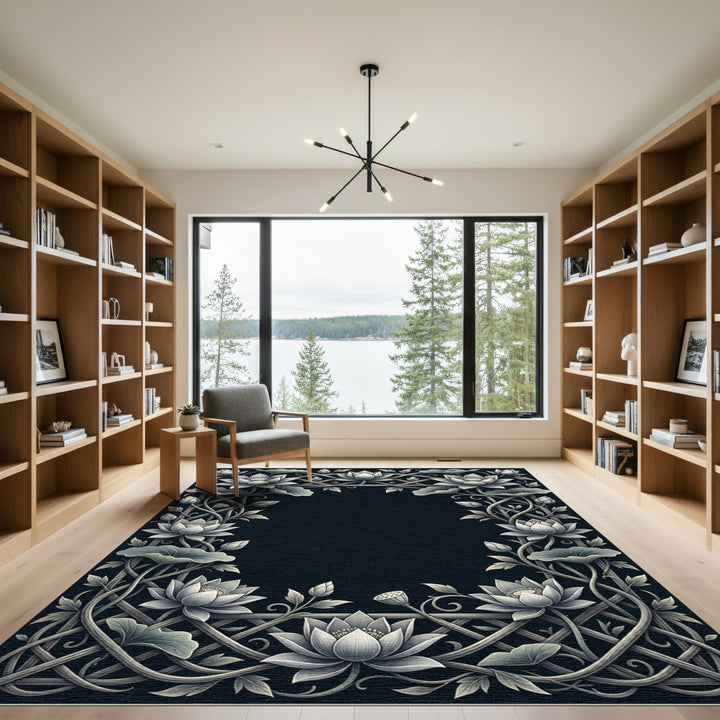 Elegant White Lotus Vine Border Rug