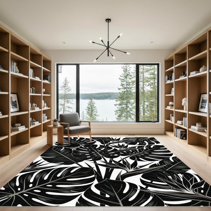 Monstera Bird Paradise Black White Print Rug