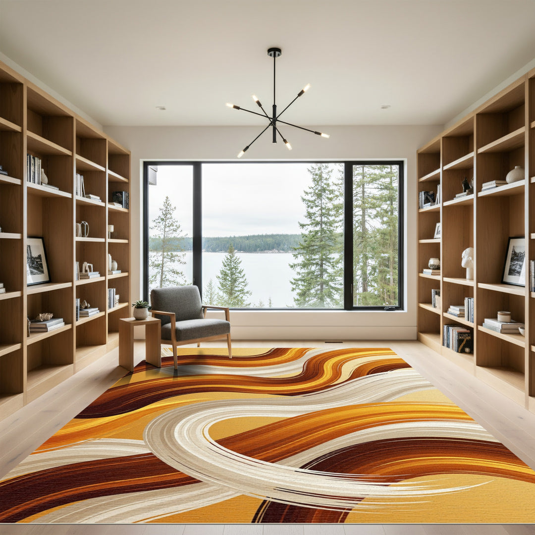 Abstract Swirls Brown Cream Gold Rug