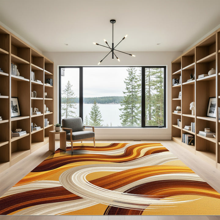 Abstract Swirls Brown Cream Gold Rug