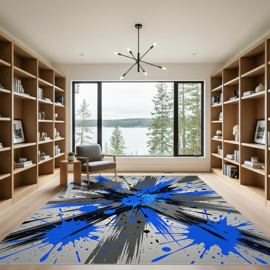 Bold Blue Splatter Abstract Burst Rug