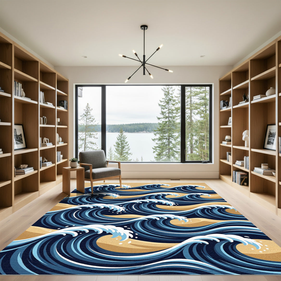 Deep Ocean Blue Nautical Wave Rug