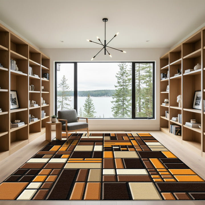 Warm Earth Tone Geometric Blocks Rug