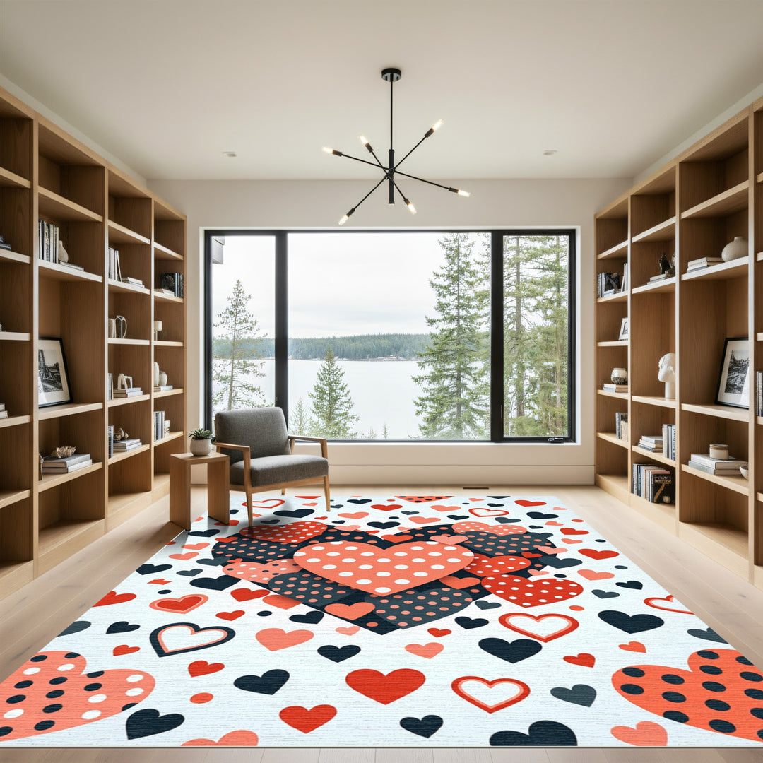 Coral Red Black Polka Dot Hearts Rug