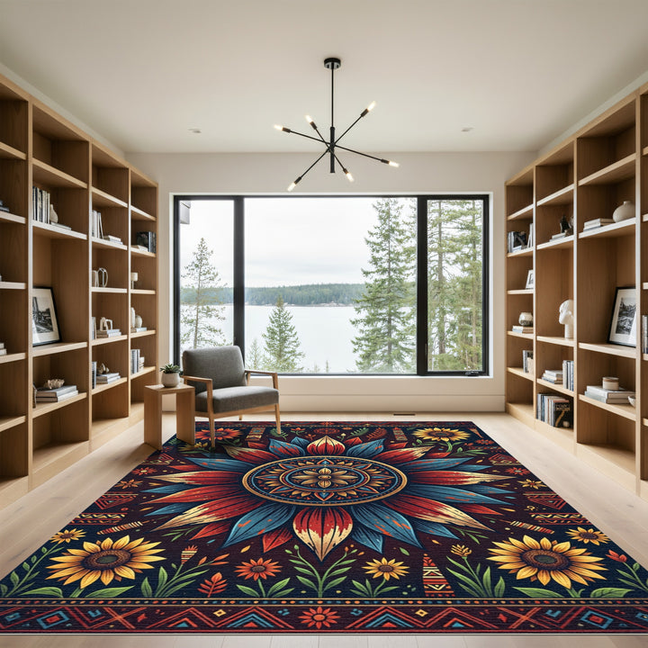 Bold Red Blue Sunflower Mandala Rug