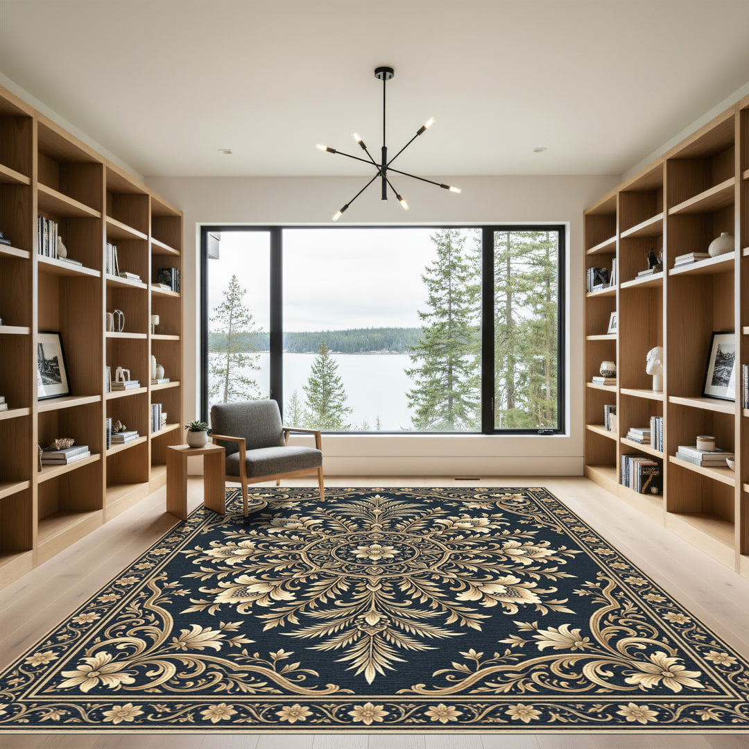 Golden Floral Scrollwork Dark Vintage Rug