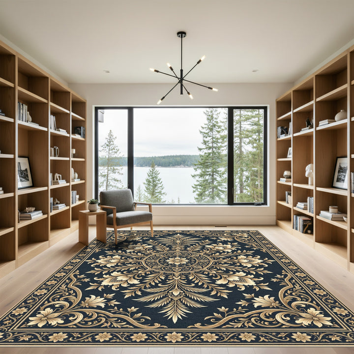 Golden Floral Scrollwork Dark Vintage Rug
