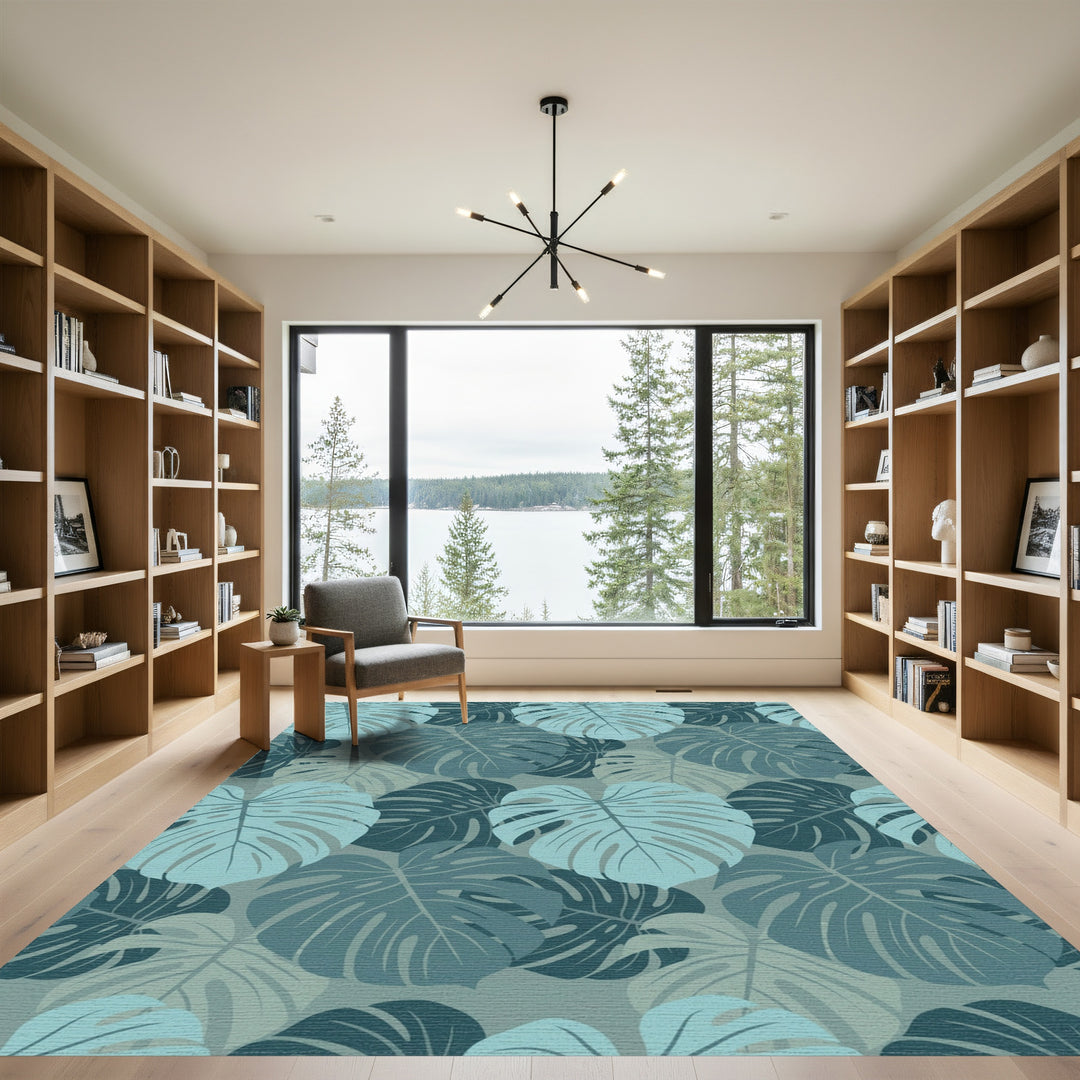 Monstera Leaf Tropical Teal Collage Rug
