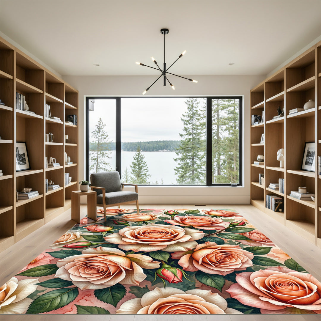 Peach Roses With Green Leaves Rug