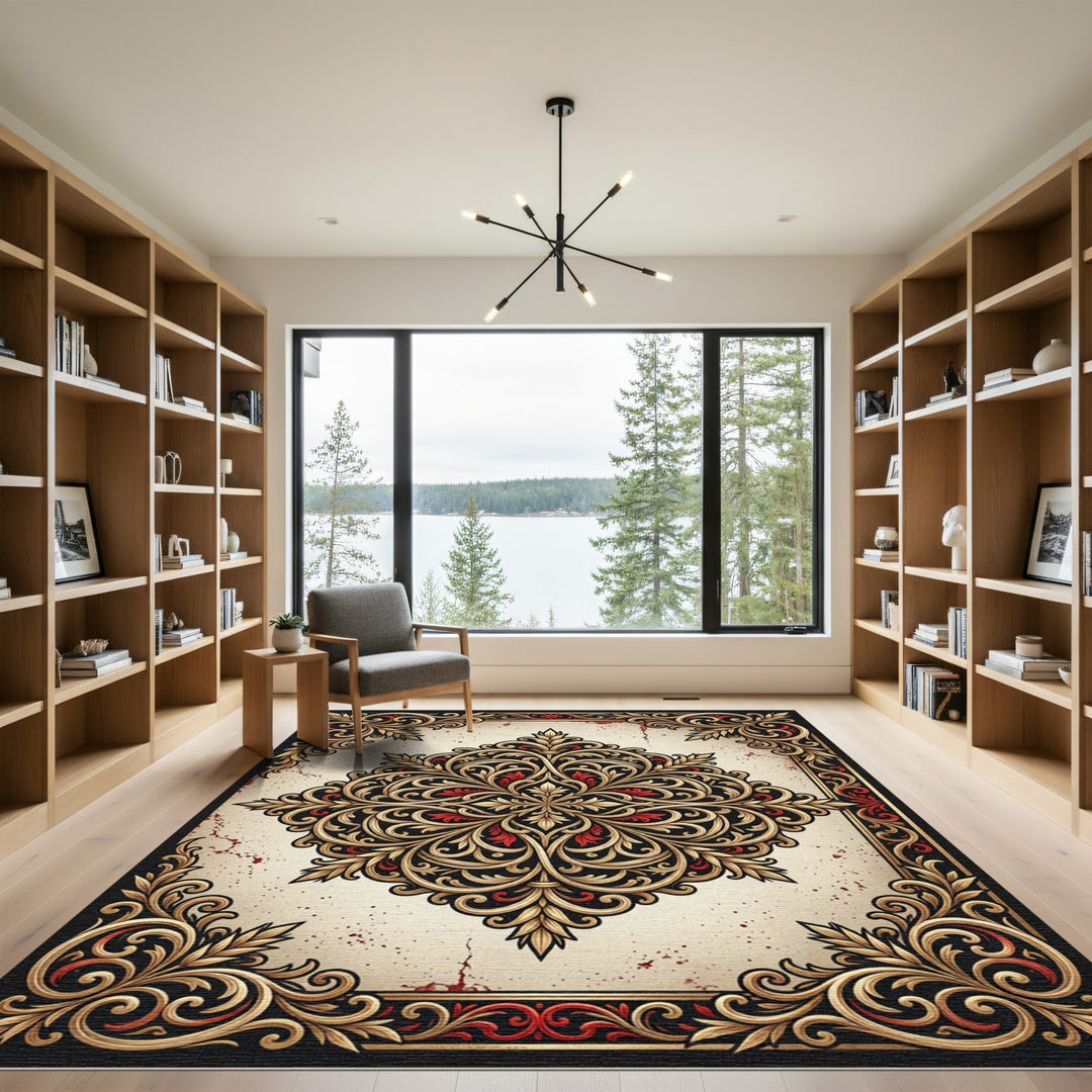 Ornate Crimson Gold Scroll Medallion Rug