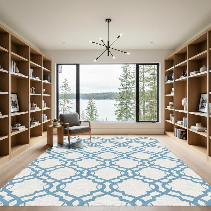 Soft Blue Lattice Trellis Rug
