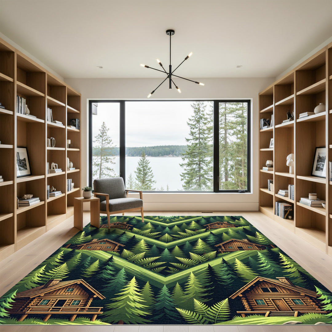 Woodland Cabin Forest Green Ferns Rug