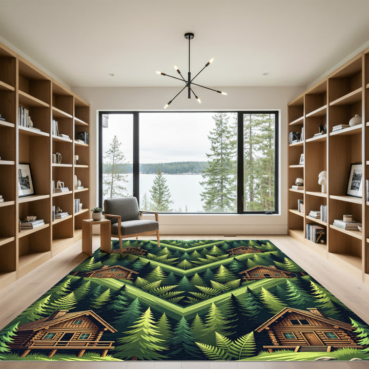 Woodland Cabin Forest Green Ferns Rug