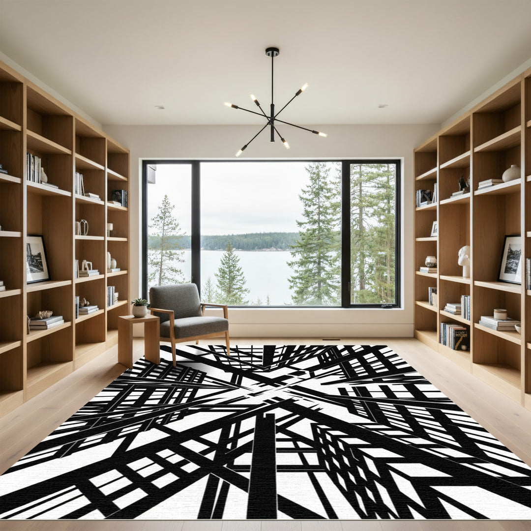 Bold Black White Architectural Grid Rug