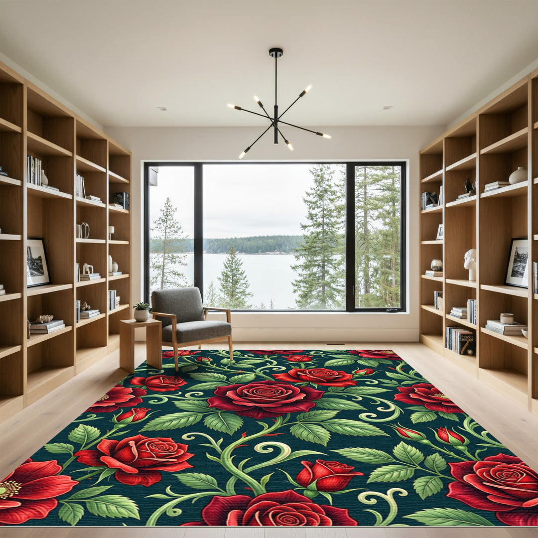 Crimson Red Rose Floral Vine Rug