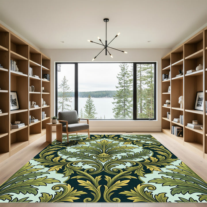 Dark Teal Emerald Acanthus Scrolls Rug