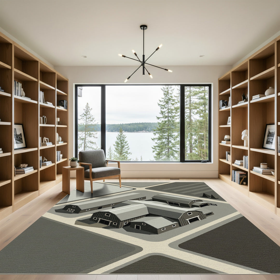 Monochromatic Farmhouse Isometric Composition Rug