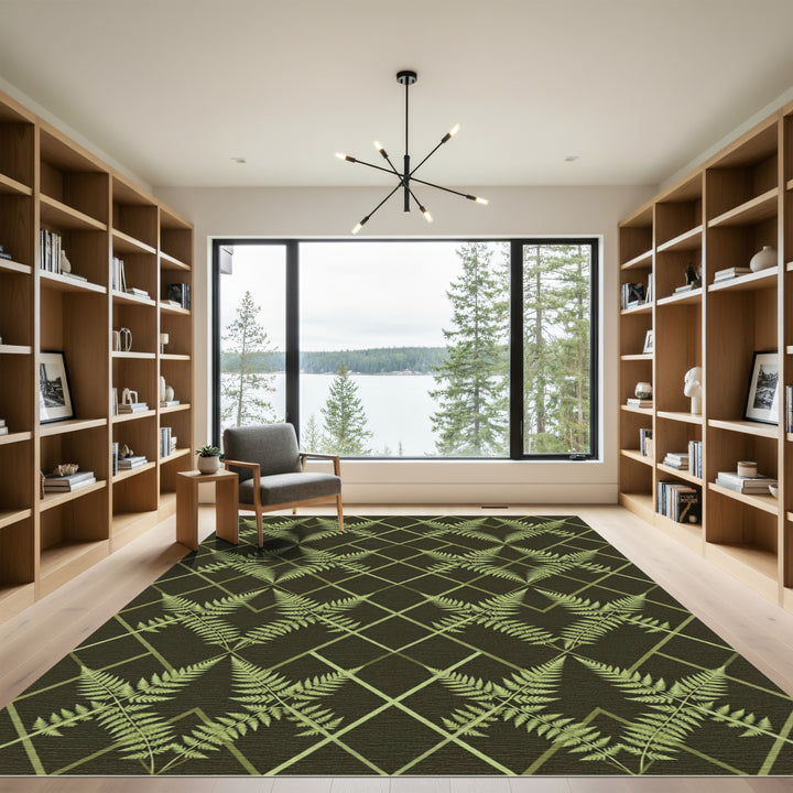 Fern Lattice Dark Green Botanical Rug