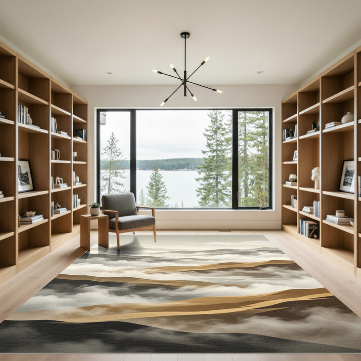 Serene Gold Mountain Fog Landscape Rug